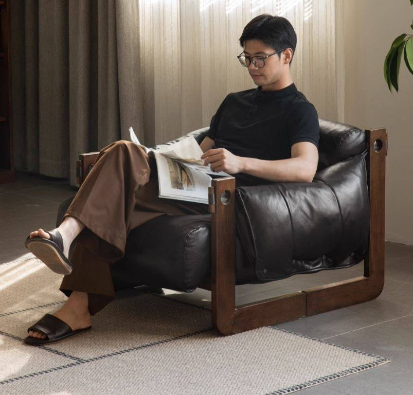 Genuine Leather Ash Solid Wood Sofa Chair, Mid-Century Style, Jersey Island Collection