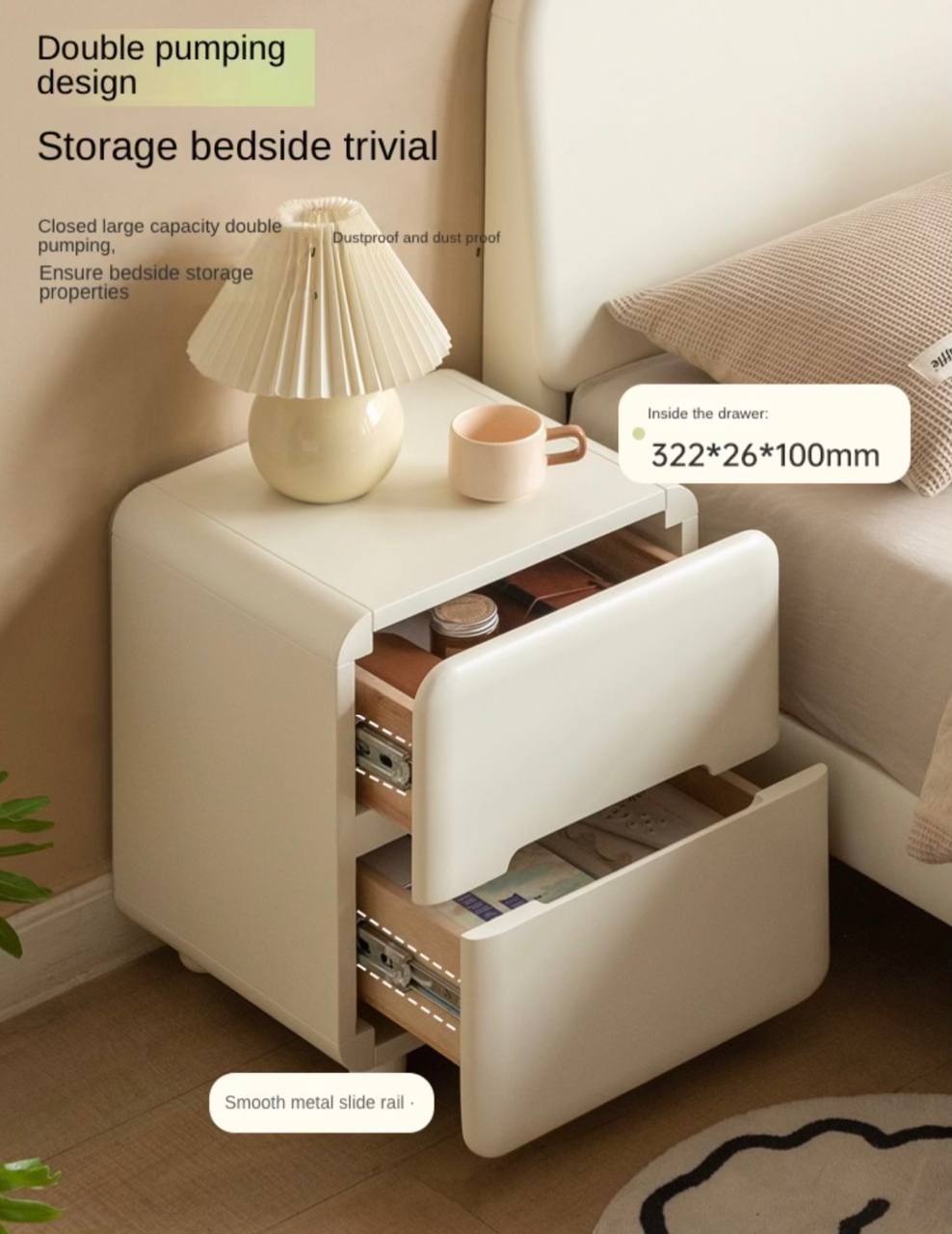 Tulipwood Solid Wood, Solid RubberWood Warm White Two-Drawer Nightstand.