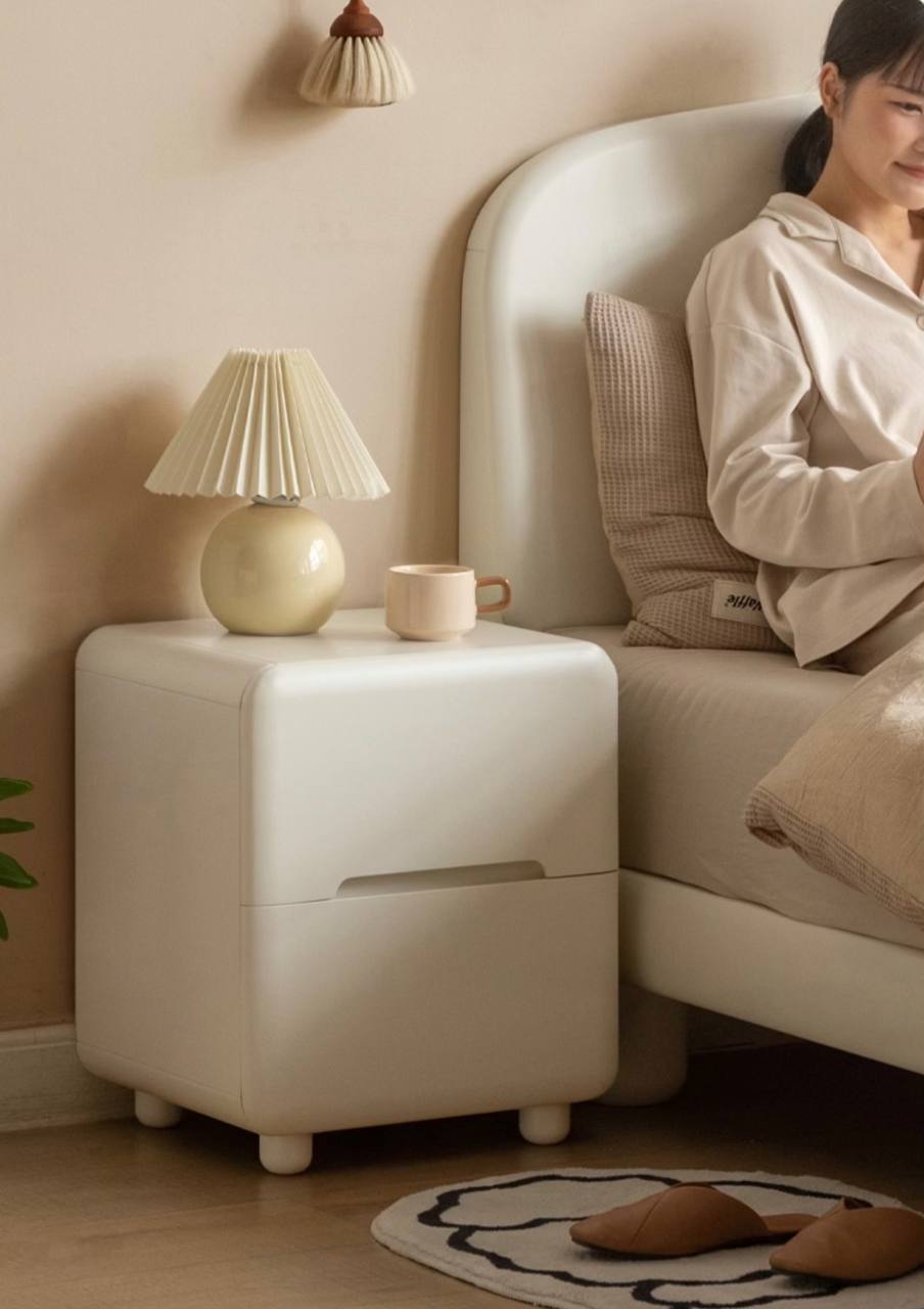 Tulipwood Solid Wood, Solid RubberWood Warm White Two-Drawer Nightstand.