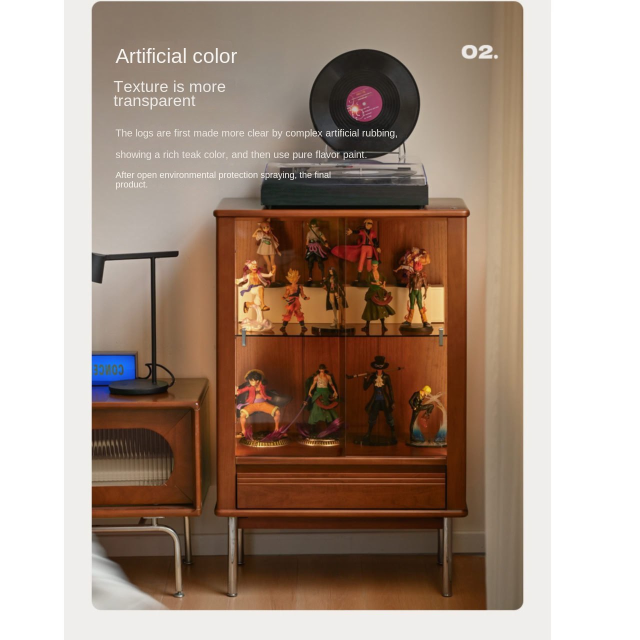 Poplar Solid Wood American Retro Glass Side Cabinet.