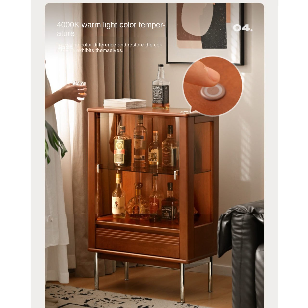 Poplar Solid Wood American Retro Glass Side Cabinet.
