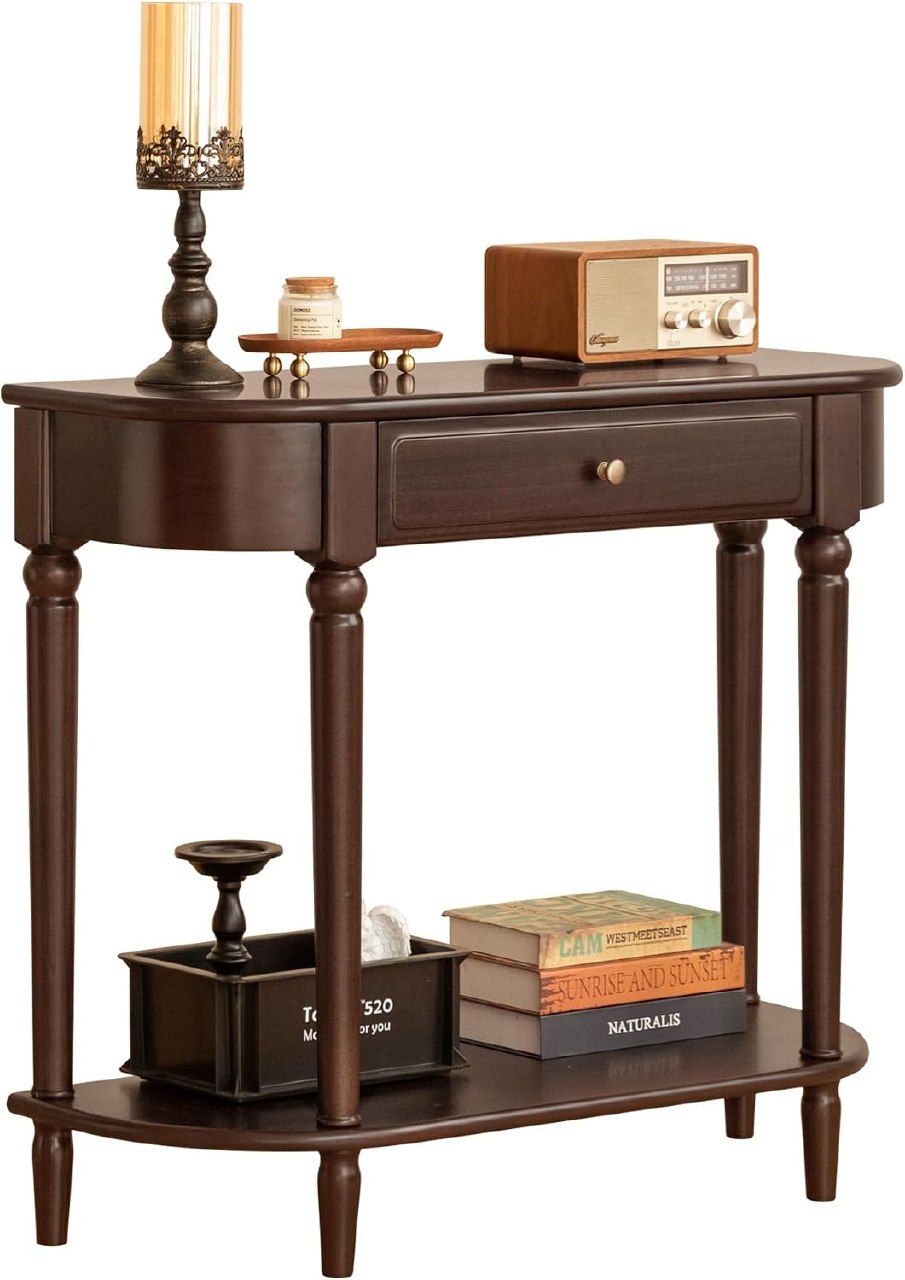 Sandalwood, Poplar Solid Wood Traditional Demilune Console Table with Turned Legs and Drawer