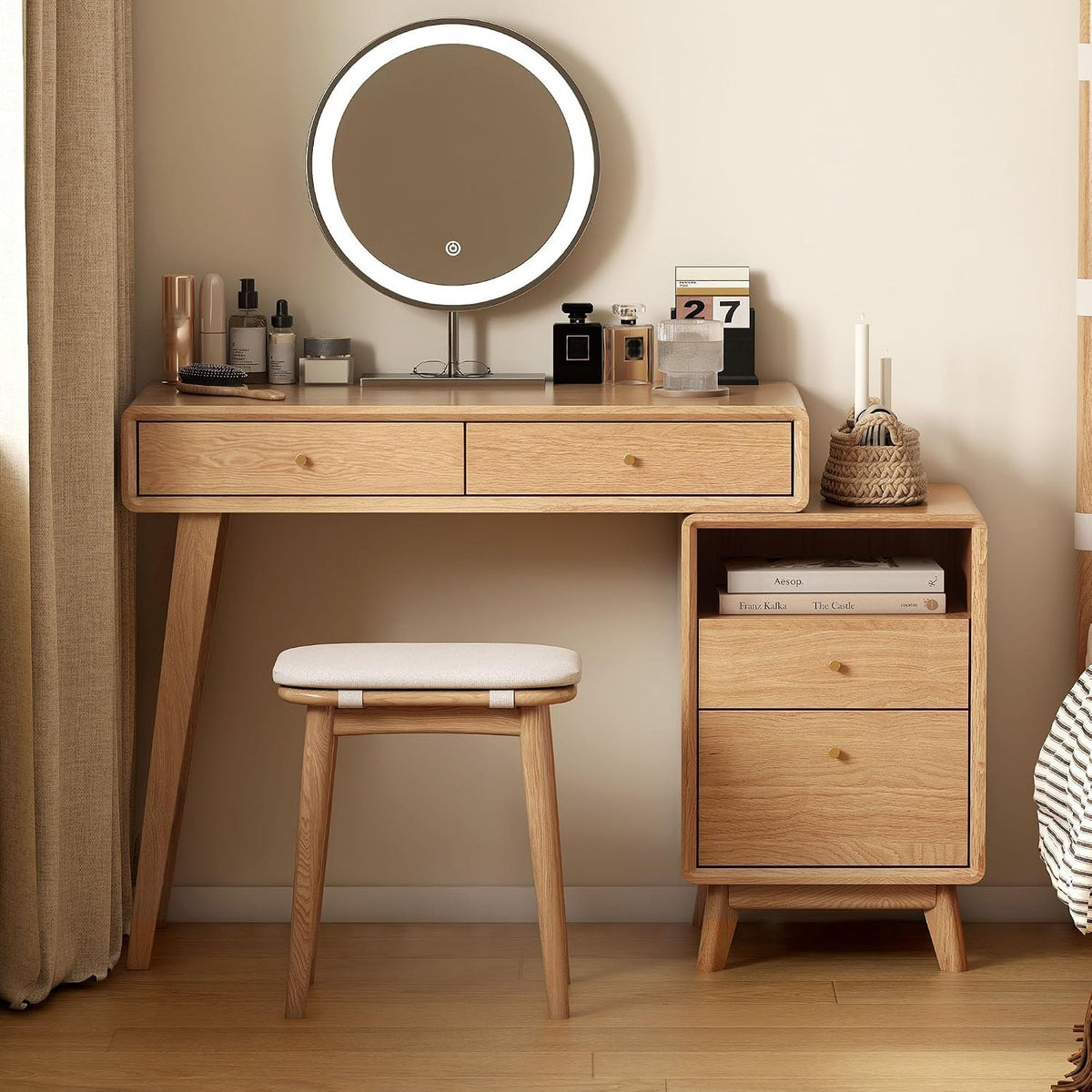 Oak Solid Wood Telescopic Vanity Table Cabinet