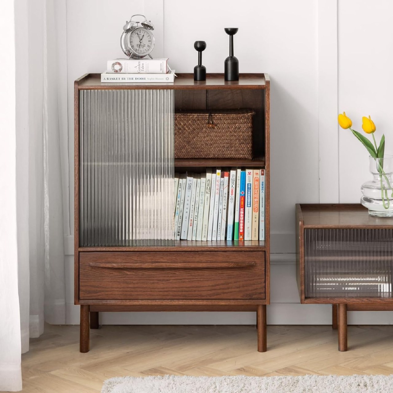Oak Solid Wood, Pine Wood Display Cabinet with Fluted Glass Door and Tapered Legs
