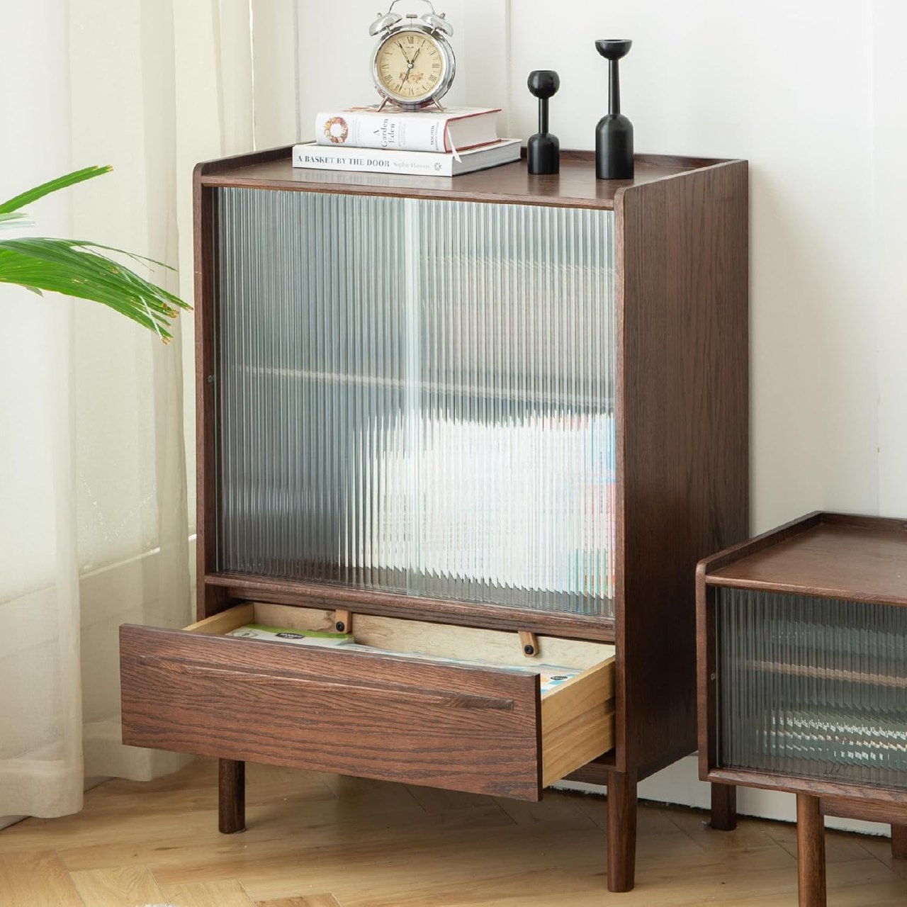 Oak Solid Wood, Pine Wood Display Cabinet with Fluted Glass Door and Tapered Legs