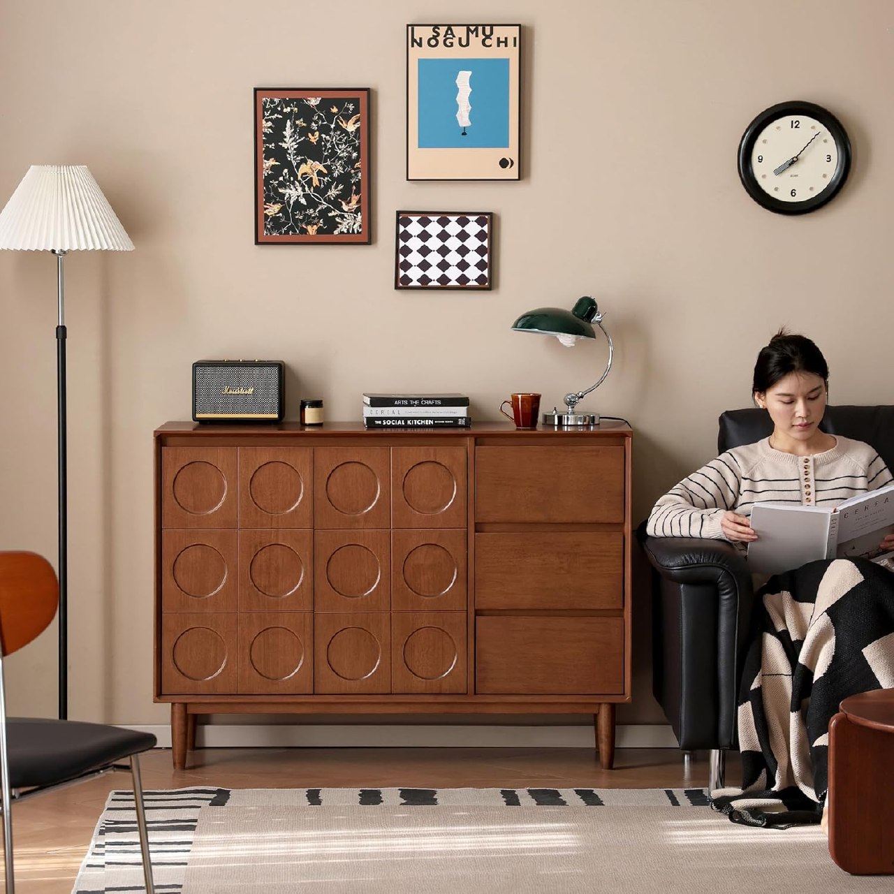 Solid Rubberwood Vintage Geometric Sideboard Cabinet with Mid-Century Italian Modern Pattern Doors
