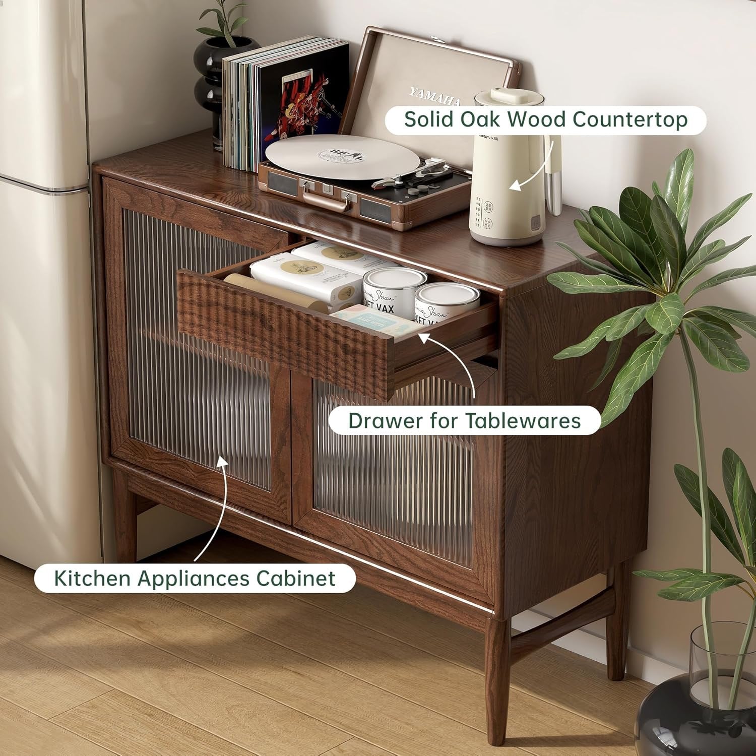 Oak Solid Wood Sideboard Cabinet with Fluted Glass Doors