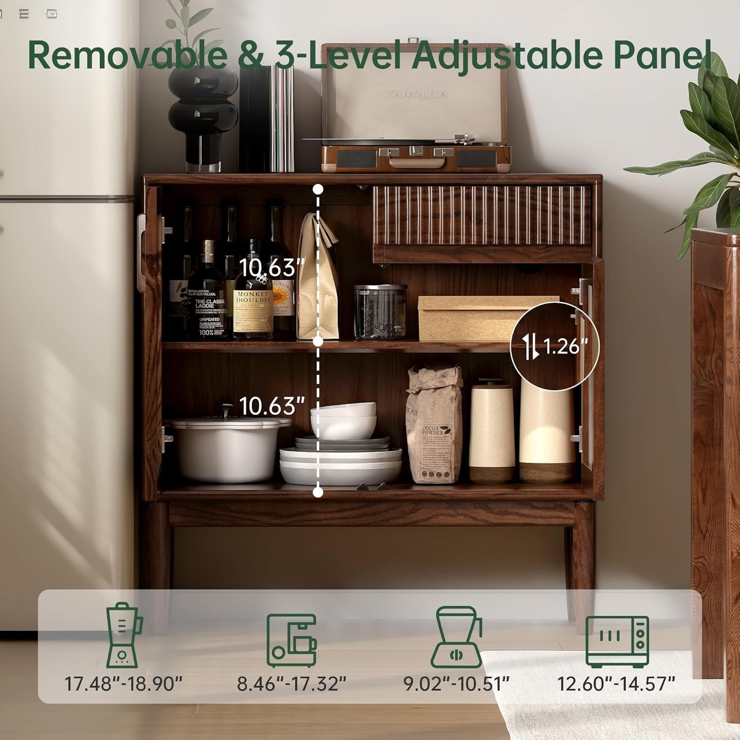 Oak Solid Wood Sideboard Cabinet with Fluted Glass Doors