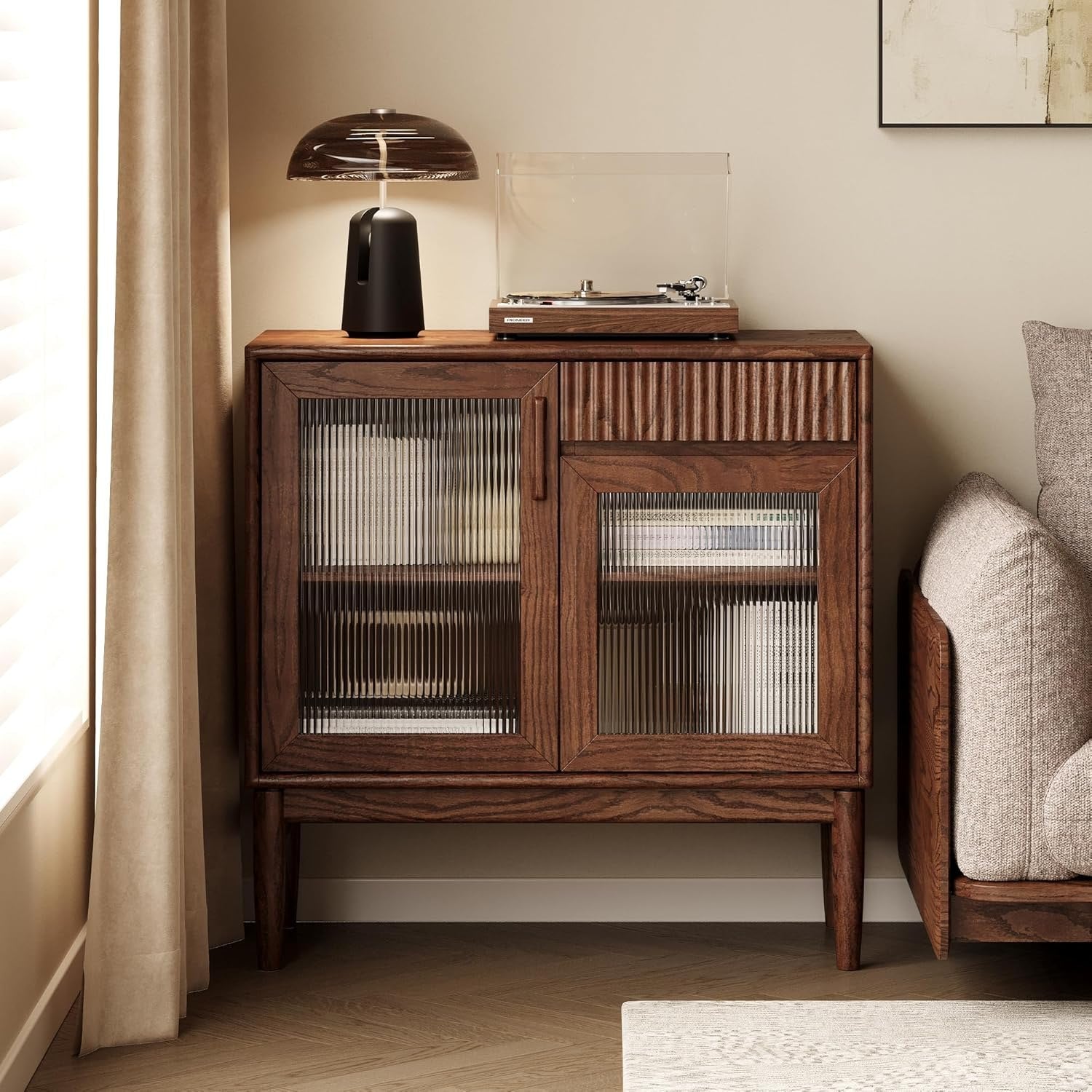 Oak Solid Wood Sideboard Cabinet with Fluted Glass Doors