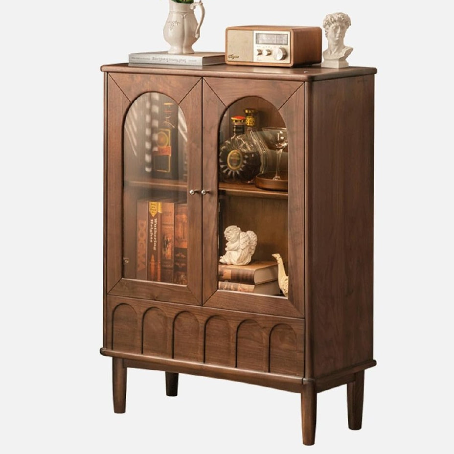 Black Walnut Solid Wood French Walnut Display Cabinet with Arched Glass Doors and Heritage Media Console Style