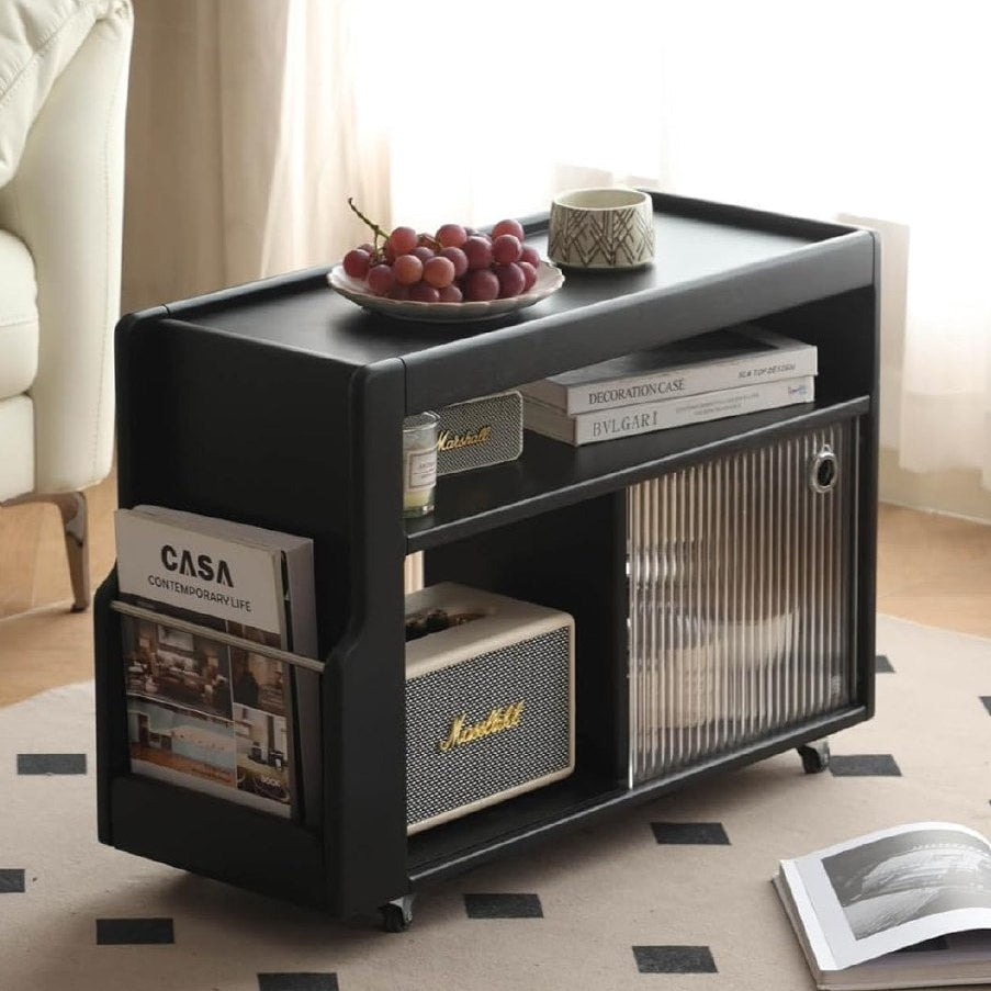 Black Walnut, Oak, Rubber wood Rolling Side Cabinet – End Table with Storage