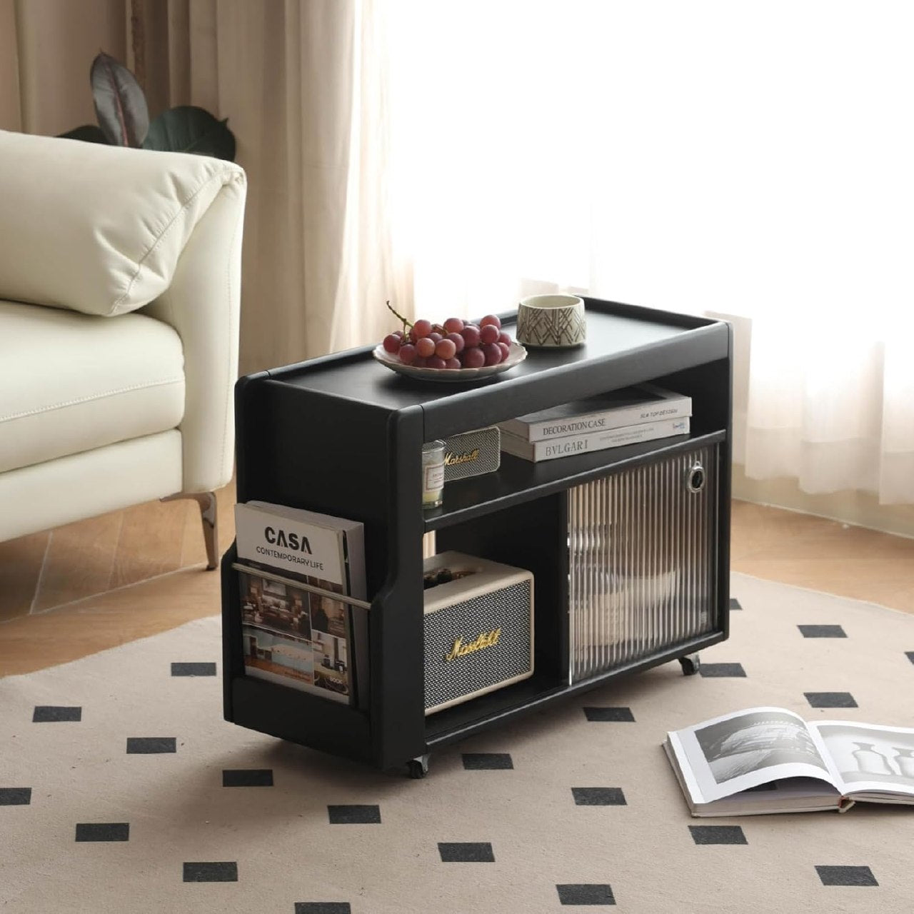 Black Walnut, Oak, Rubber wood Rolling Side Cabinet – End Table with Storage