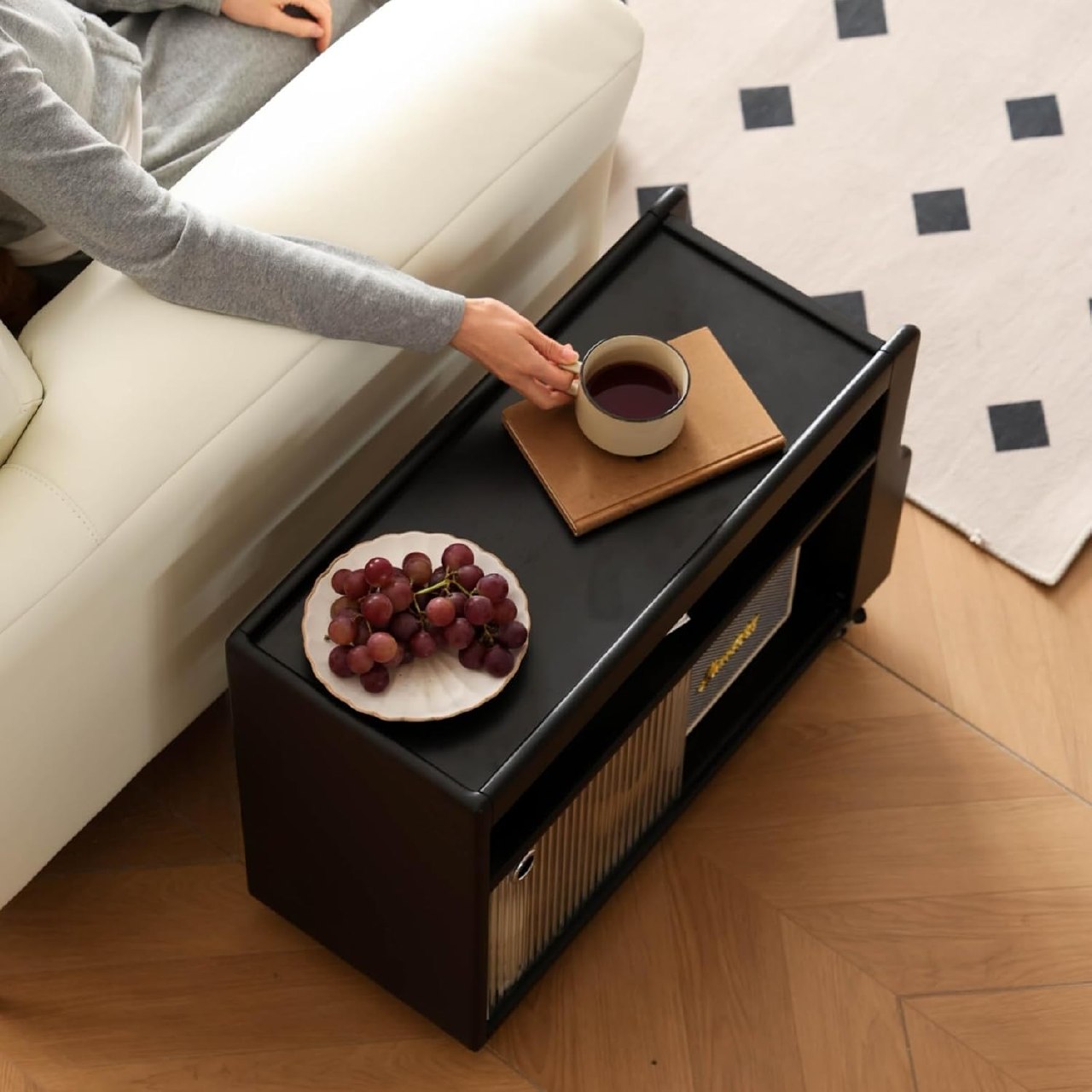 Black Walnut, Oak, Rubber wood Rolling Side Cabinet – End Table with Storage