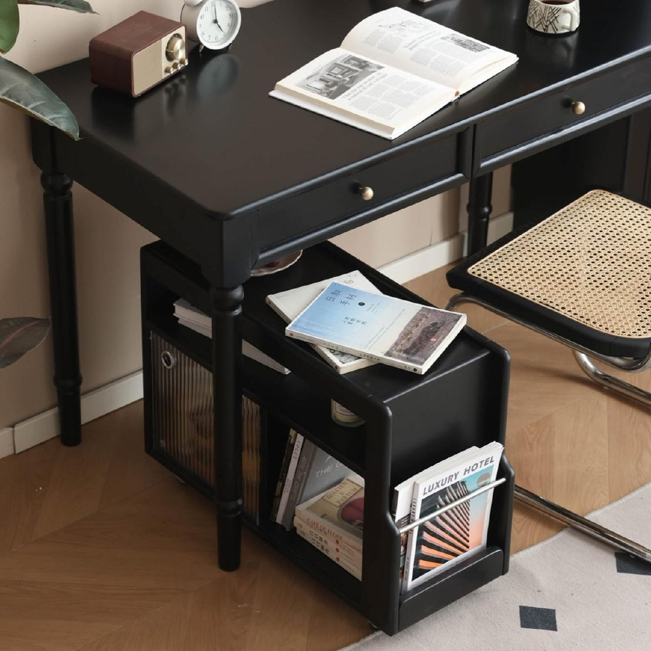 Black Walnut, Oak, Rubber wood Rolling Side Cabinet – End Table with Storage