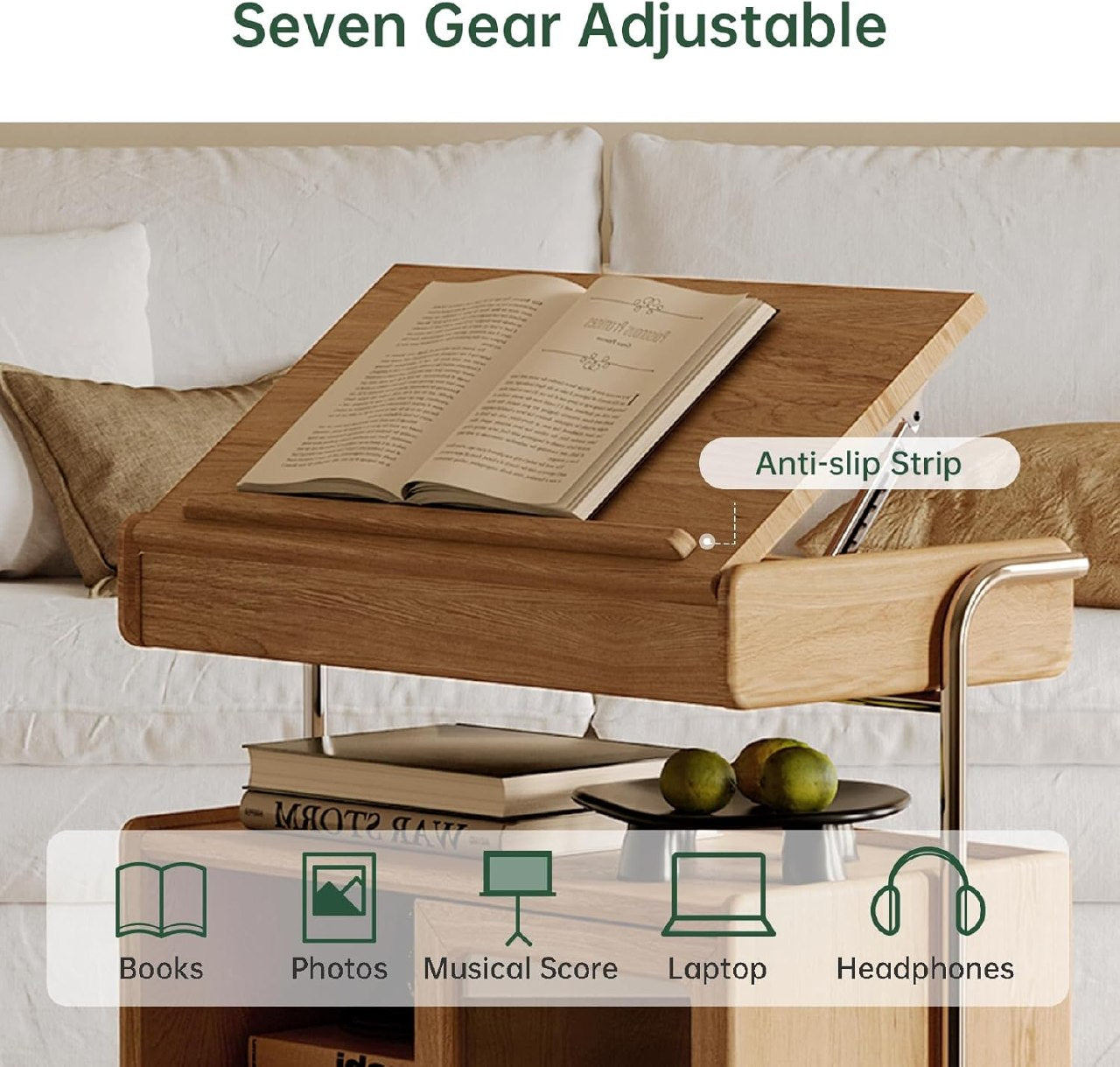 Oak, Poplar Solid Wood Adjustable Lift-Top Mobile Side Cabinet and Integrated Reading Table Design