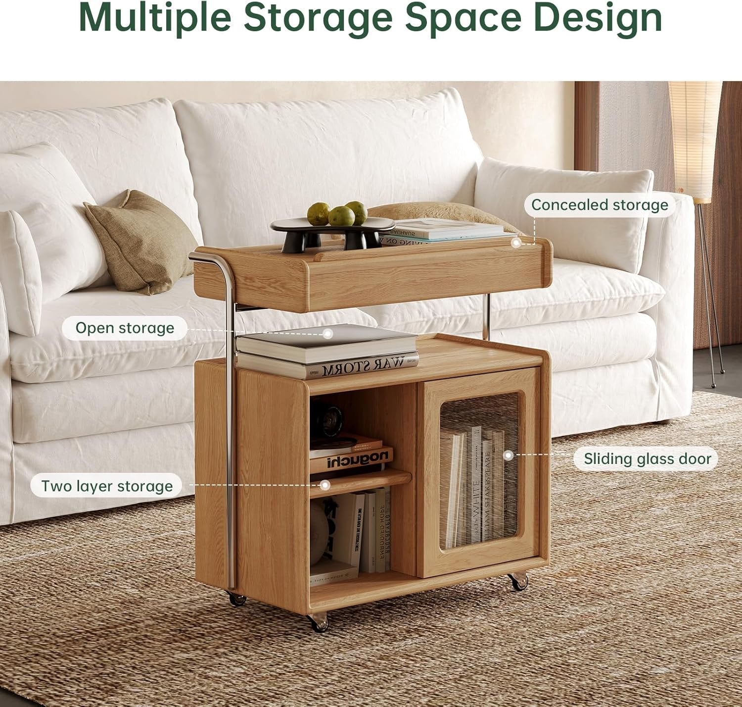 Oak, Poplar Solid Wood Adjustable Lift-Top Mobile Side Cabinet and Integrated Reading Table Design