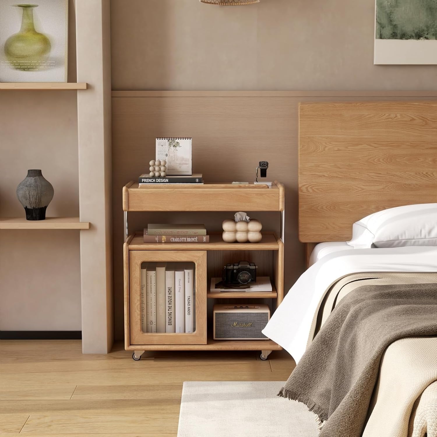 Oak, Poplar Solid Wood Adjustable Lift-Top Mobile Side Cabinet and Integrated Reading Table Design