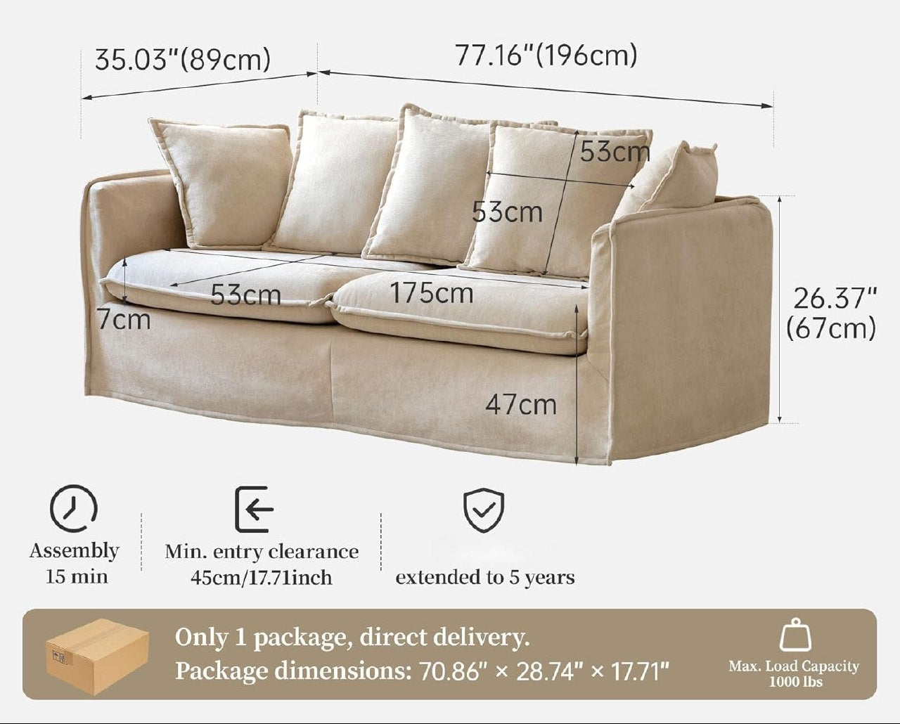 Modern Slipcovered Chenille Loveseat Sofa with Removable Cover, Wide Beige Couch