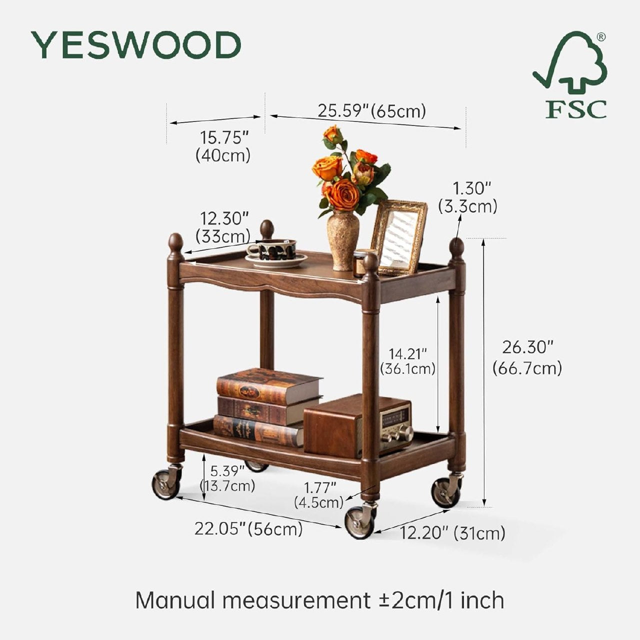 Oak, Poplar Solid Wood Trolley Mobile Side Table