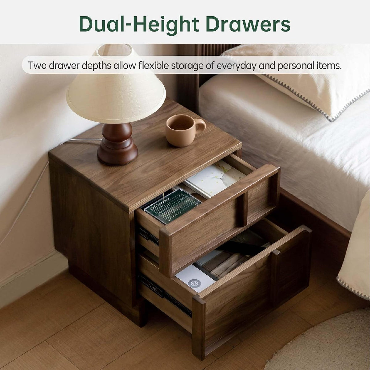 Ash Solid Wood Nightstand with Recessed Drawer Panels, Japandi Style
