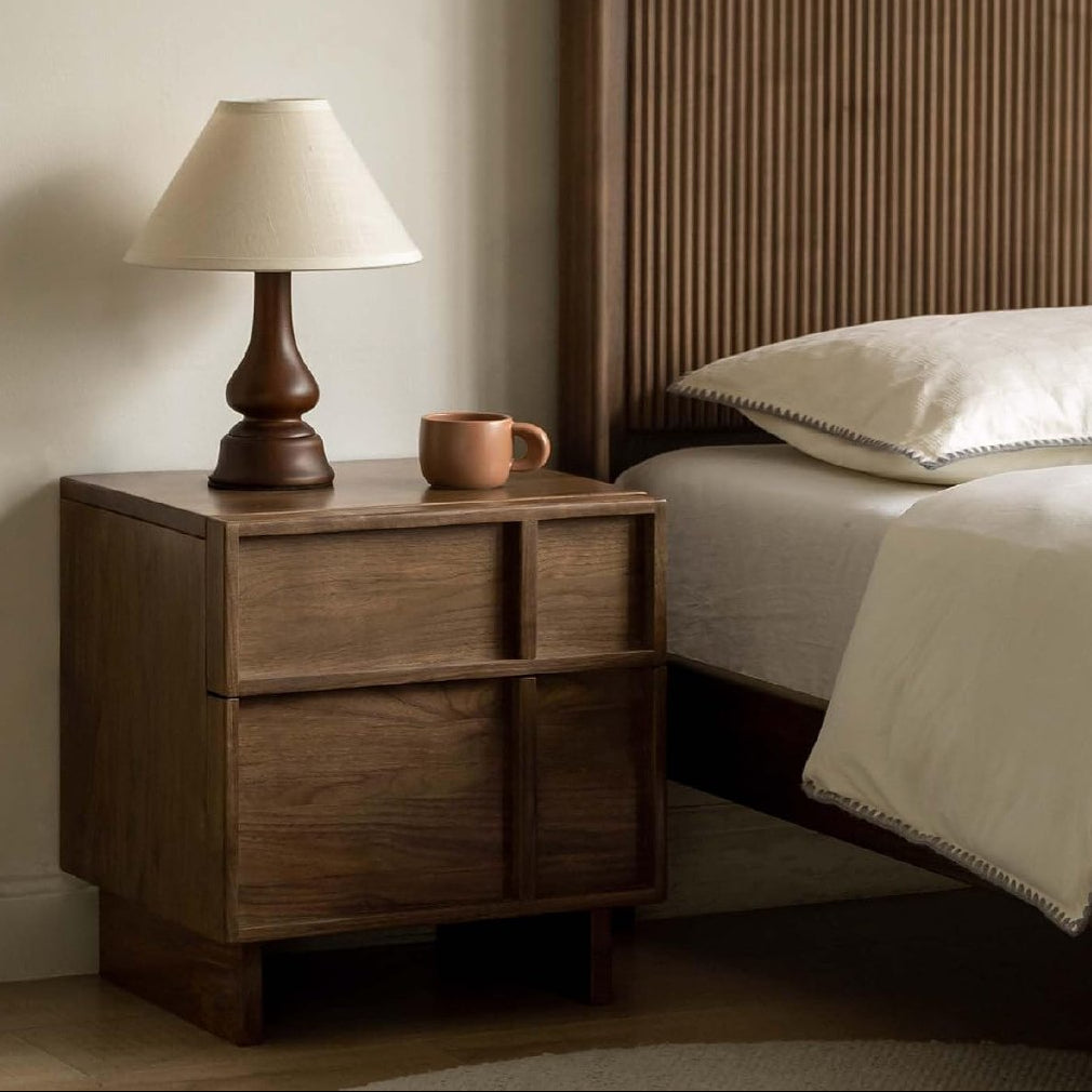 Ash Solid Wood Nightstand with Recessed Drawer Panels, Japandi Style