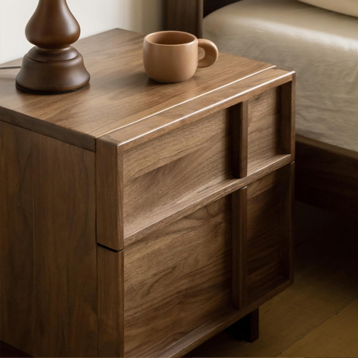 Ash Solid Wood Nightstand with Recessed Drawer Panels, Japandi Style