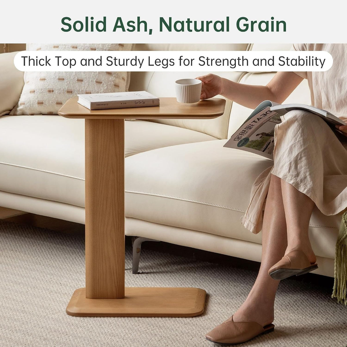 Beech, Solid Rubberwood Chic C-Shaped Side Table