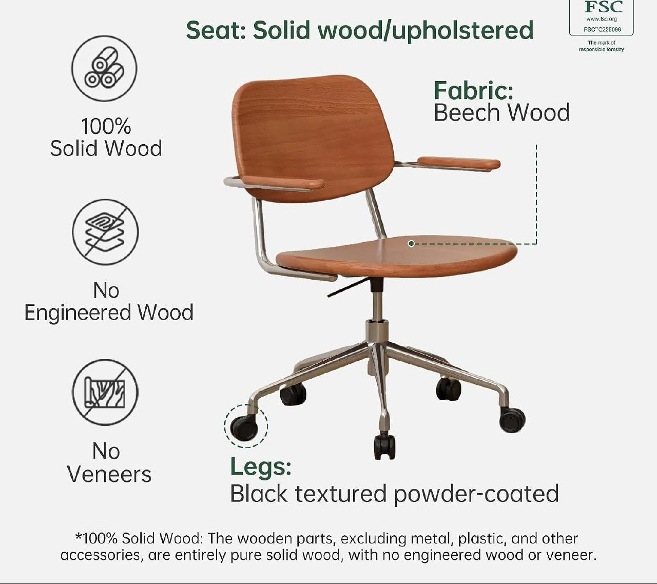 Beech Solid Wood Swivel Office Chair with Wood Arms