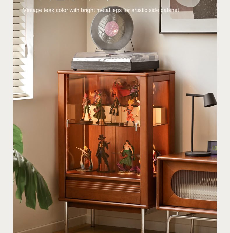 Poplar Solid Wood American Retro Glass Side Cabinet.