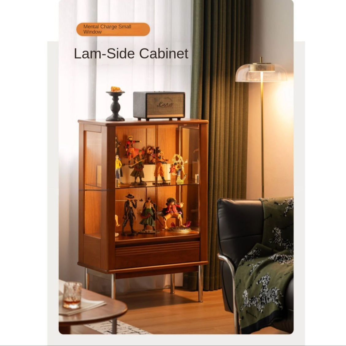 Poplar Solid Wood American Retro Glass Side Cabinet.
