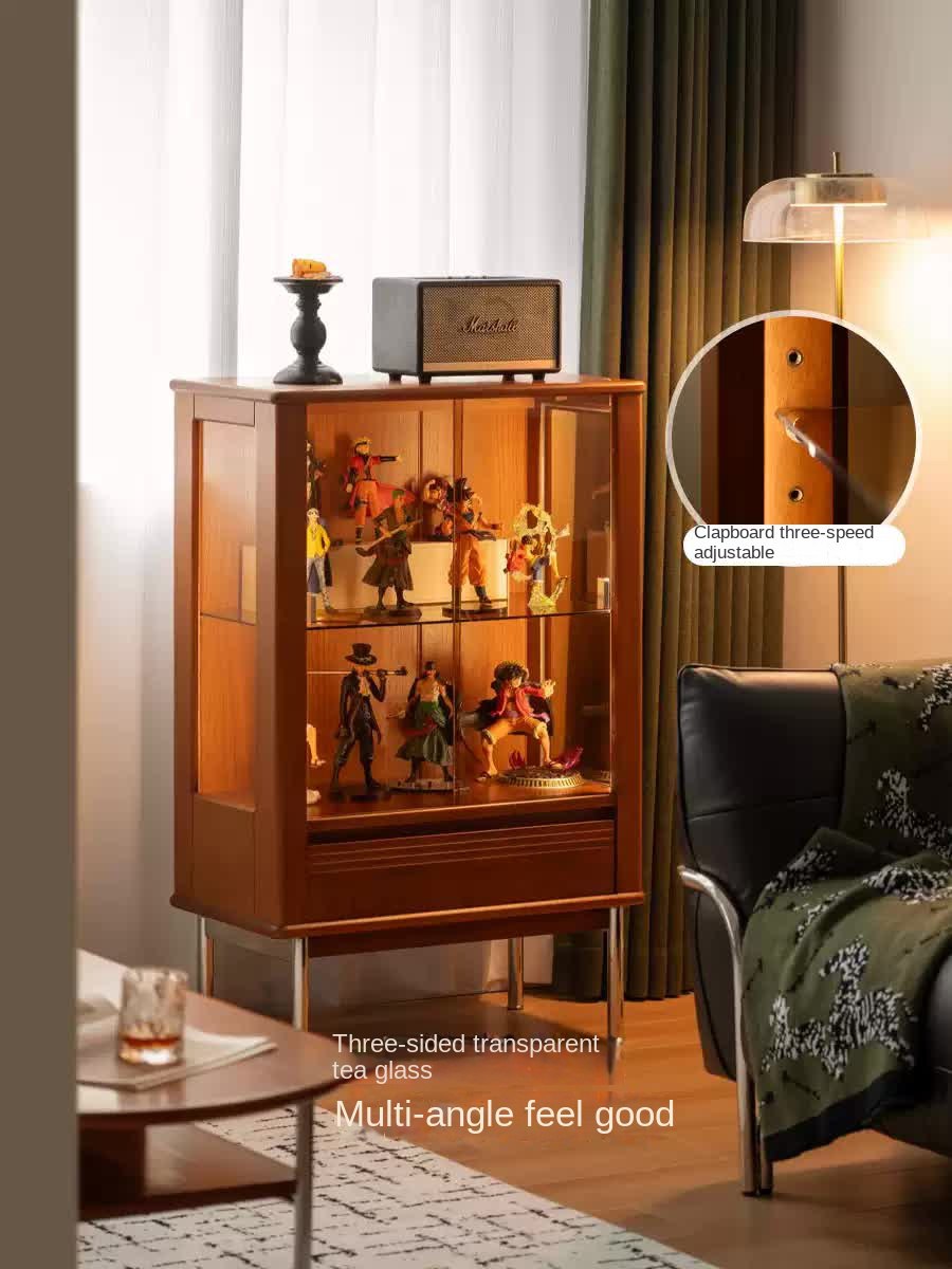 Poplar Solid Wood American Retro Glass Side Cabinet.