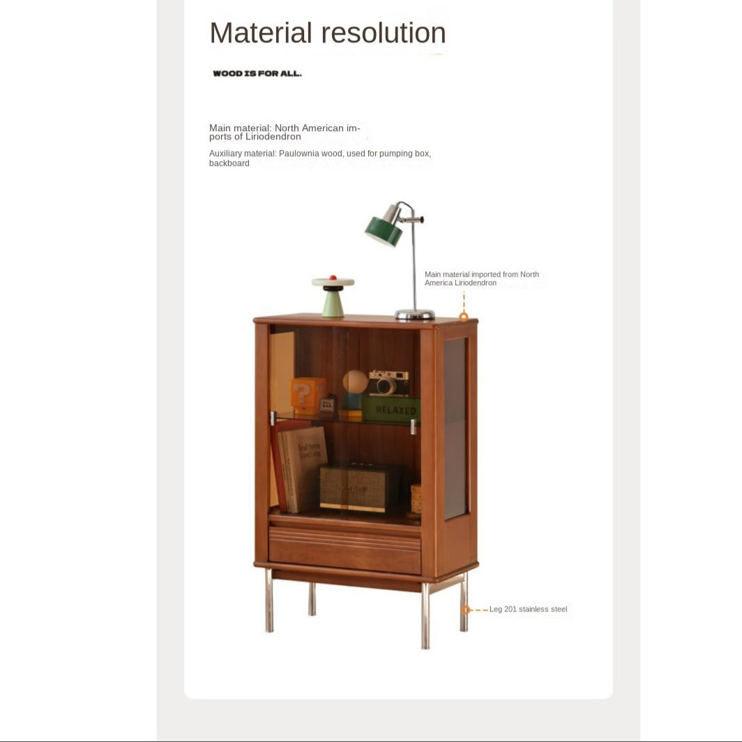 Poplar Solid Wood American Retro Glass Side Cabinet.