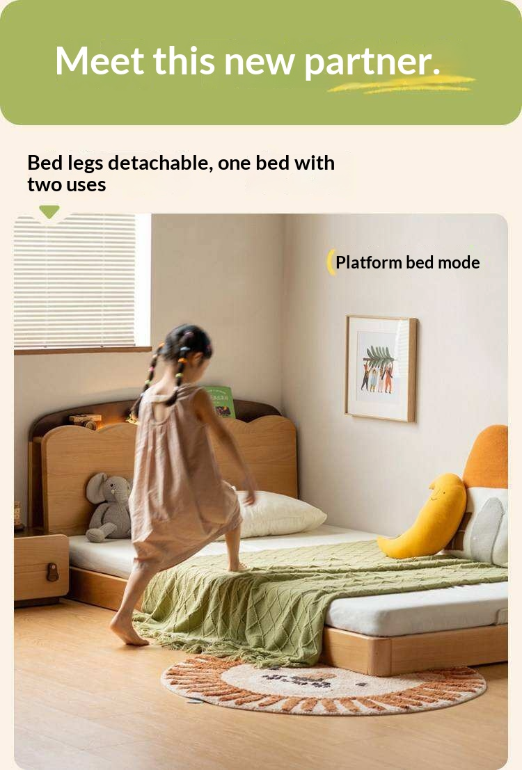 Beech Solid Wood Kids Bed with Scalloped Headboard and Hidden Storage