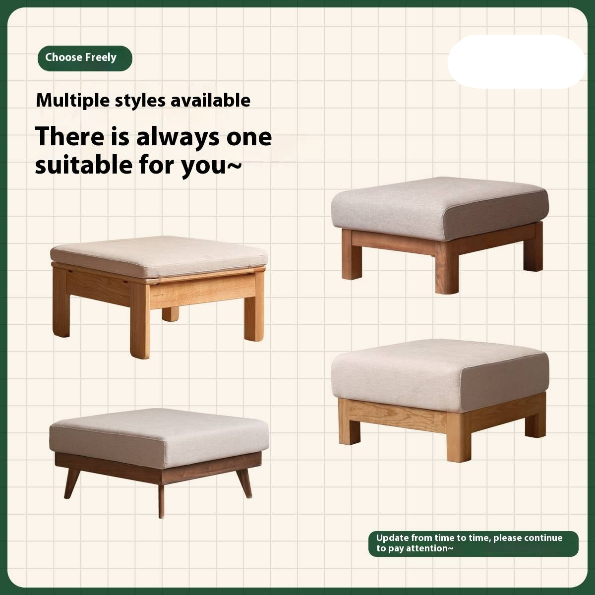 Black Walnut, Oak, Ash Solid Wood Footstool Small Fabric Stool