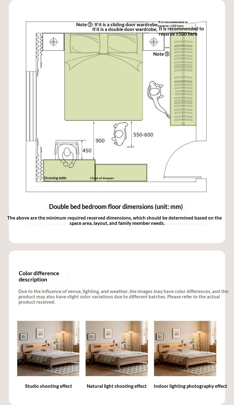 Oak Solid Wood Bed — Nordic Style with Socket and Storage