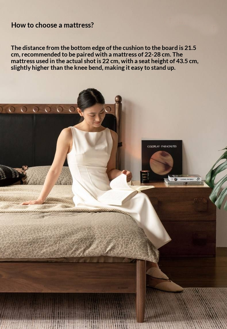 Black Walnut Solid Wood Bed — French Retro Style with Soft Backrest and Genuine Leather Upholstery
