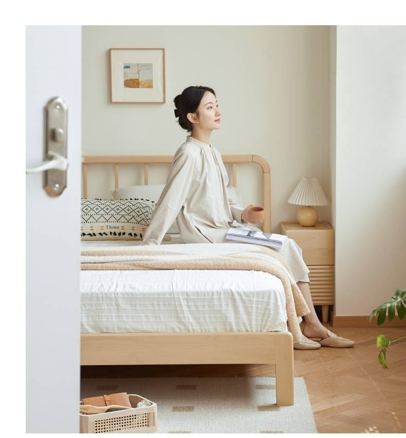 European Beech Solid Wood Bed Modern Simple