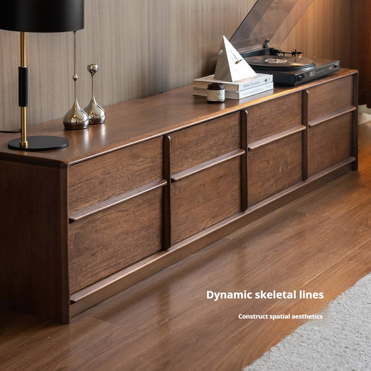 Sandalwood Solid Wood Low Profile TV Console with Fluted Panels