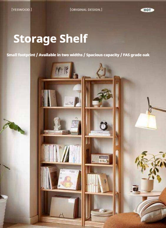Oak Solid Wood, Solid Rubberwood Modern Ultra-Thin Bookshelf