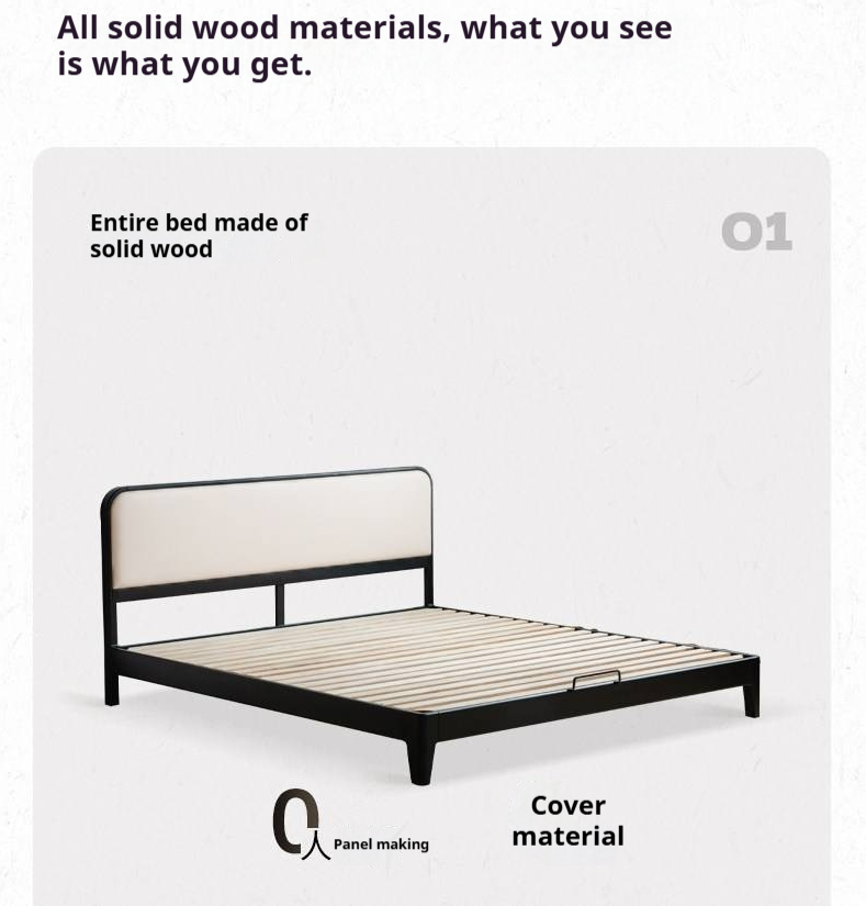 Rubberwood Solid Wood Bed — Modern Minimalist Design with Black Soft Headboard