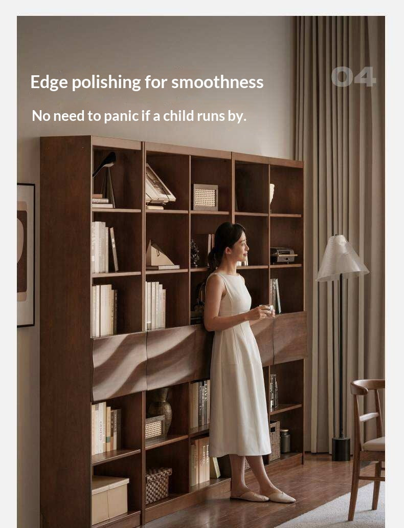 Black Walnut Solid Wood Bookshelf with Combination Storage and Display Shelves