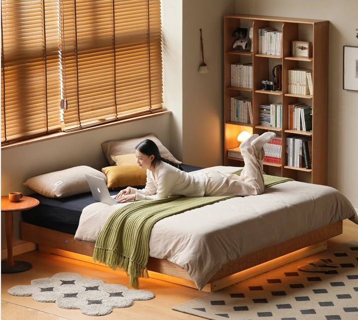 Cherry Solid Wood Floating Platform Box Bed, Headboard-Free Bed