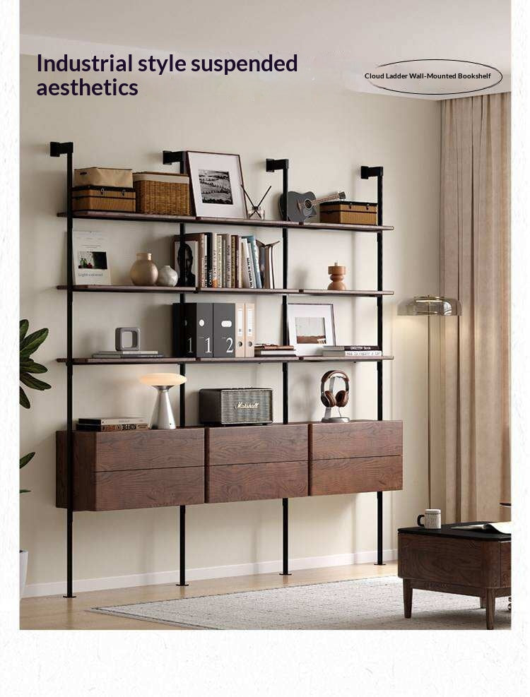 Oak Solid Wood Wall-Mounted Bookshelf Industrial Style