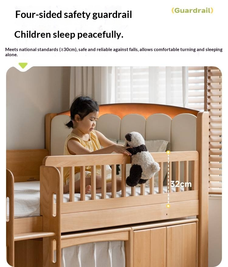 Beech Solid Wood Children's Soft Backrest Storage Loft Bed with Night Light