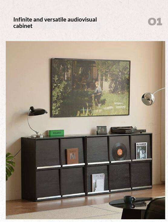 Oak Solid Wood Black Storage Combination Module Cabinet.