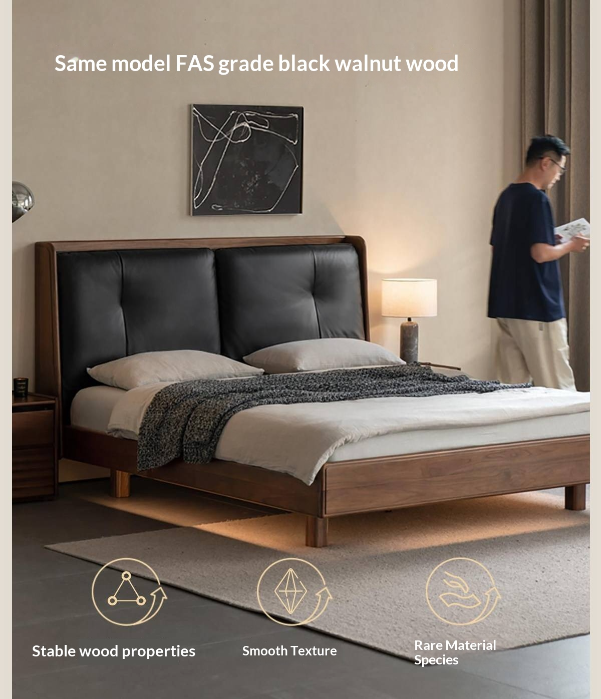 Ash Solid Wood Upholstered Floating Platform Bed with LED Lights
