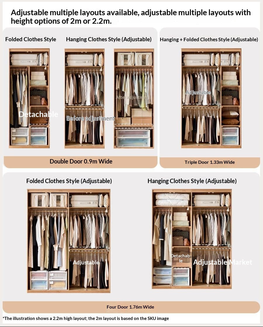 Oak solid wood Wardrobe with Flat Panel Doors and Groove Handles