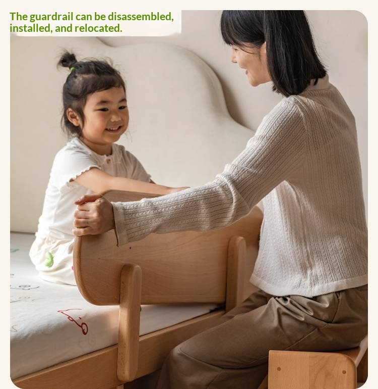 Beech, Rubberwood Solid Wood Kids’ Bed with Guardrail, Platform Bed, Headboard-Free Bed