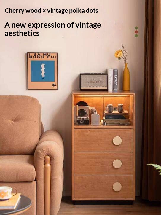 Cherry Solid Wood Side Cabinet with Drawer Storage and Antique Accents