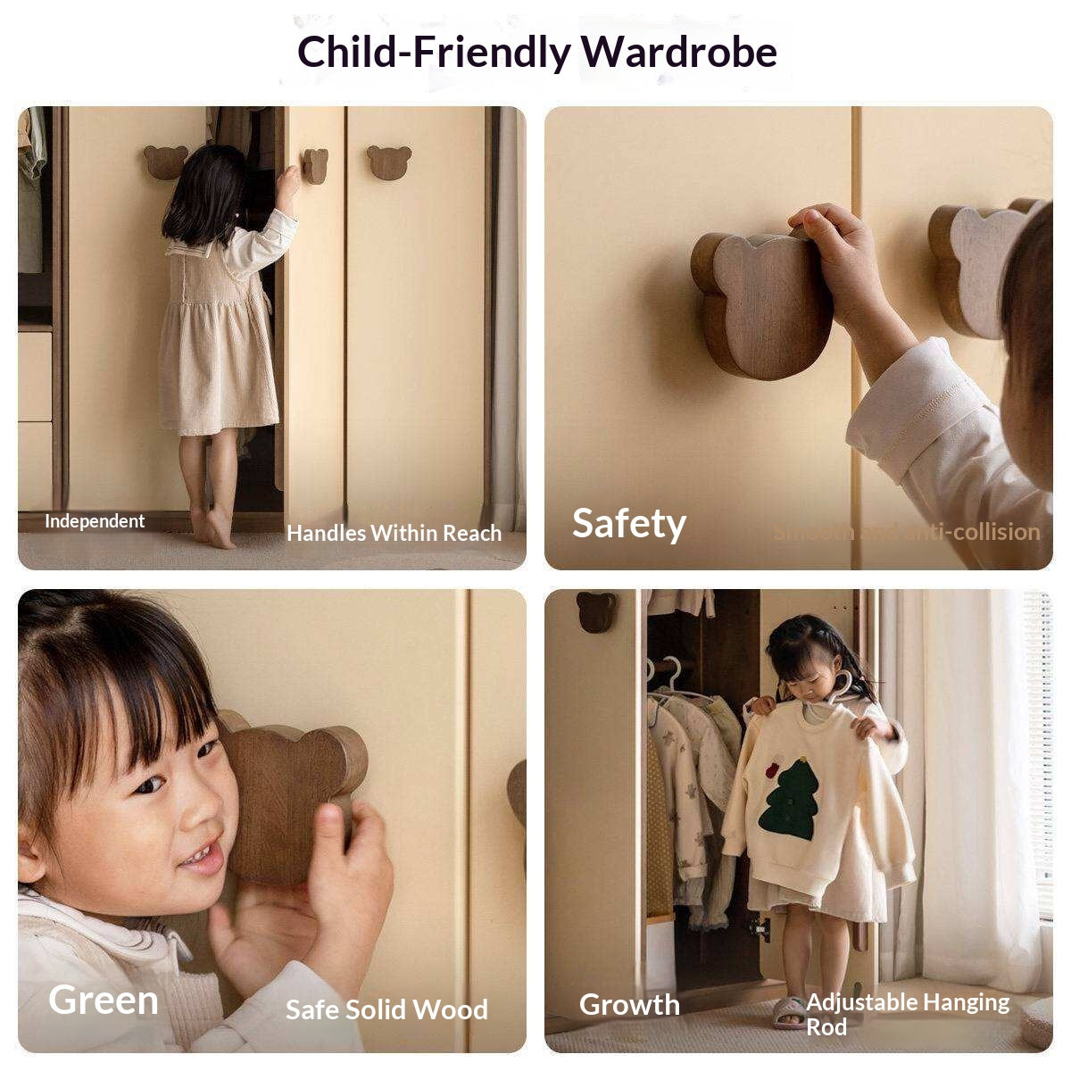 Solid RubberWood Kids Wardrobe Closet with Bear Handles and Storage Drawers